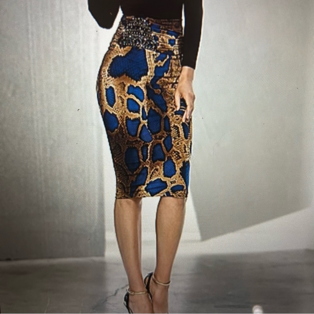 VENUS Knee Length Snake Print Pattern Skirt, Blue/Brown, Bejeweled Side, Size S